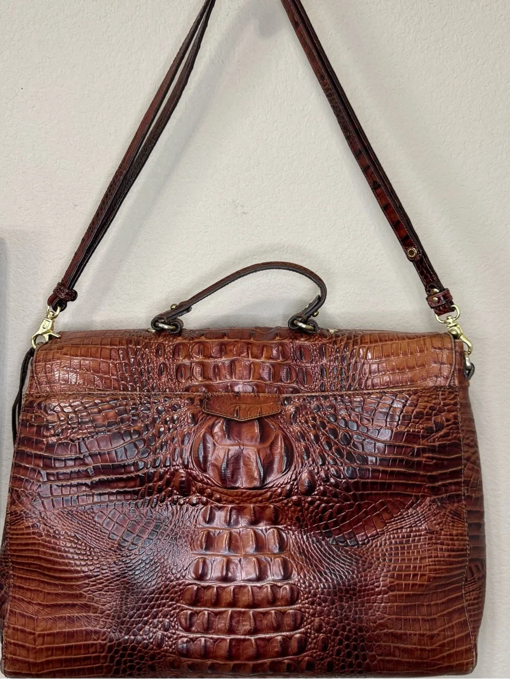 BRAHMIN | Cognac Croc-Embossed Leather Satchel with Gold Hardware
